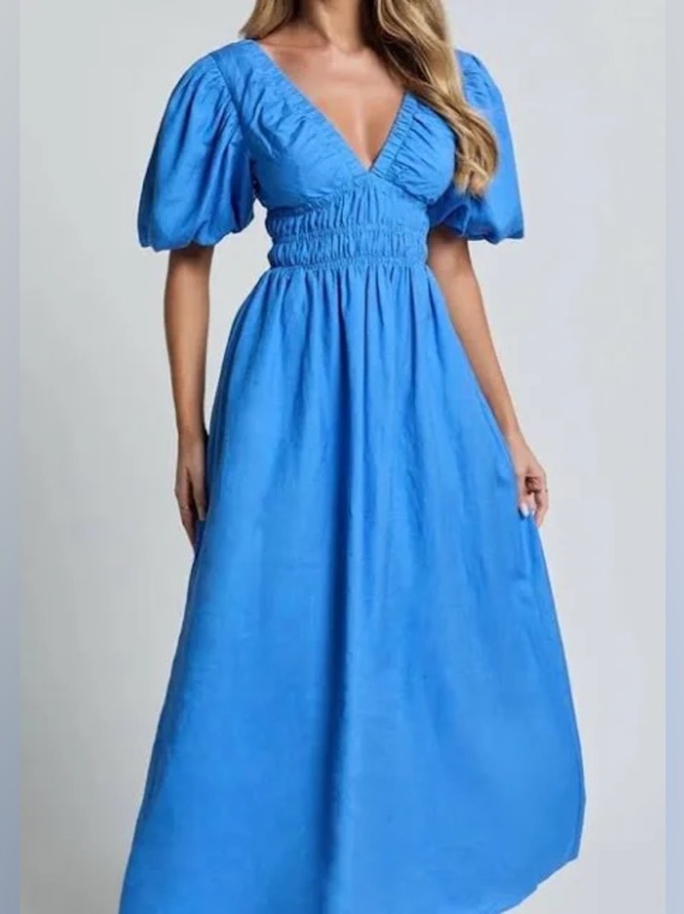 White Closet Elements Bright Blue V-Neck Maxi Dress with Puff Sleeves Sz Small